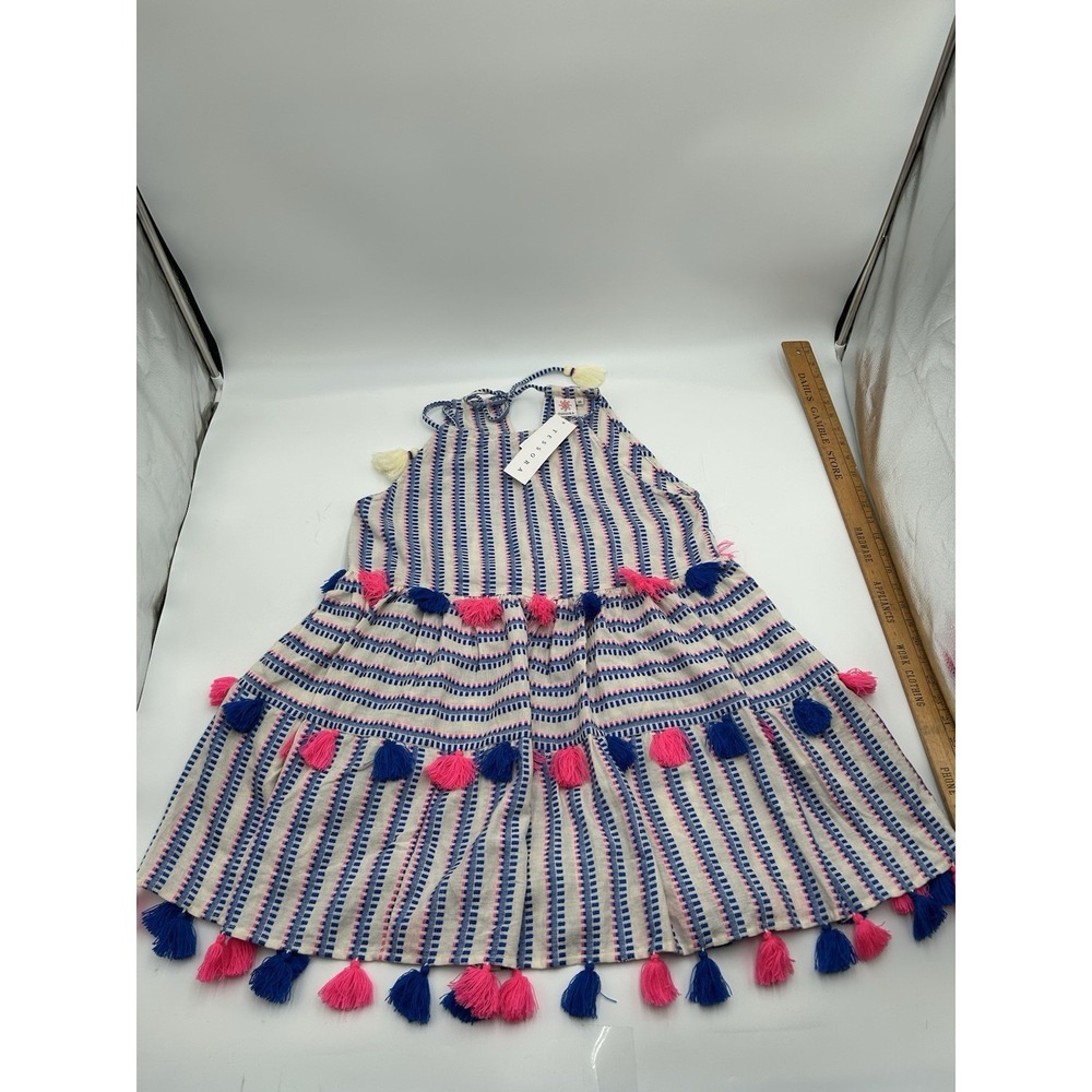 Tessora Sydni Tasseled Embellished Dress XS Blue Pink Resort Wear Beach